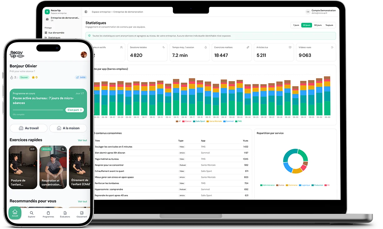 The occupational health service dashboard on a laptop, and the Recov'Up app on a phone.