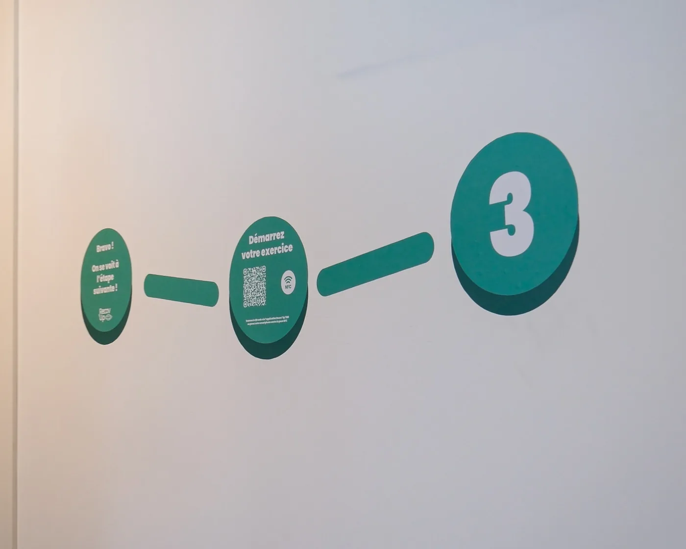 On a client's wall, the Recov'Up trail: step 3, the 'Start your exercise' sticker with QR code and NFC chip, then the closing message.